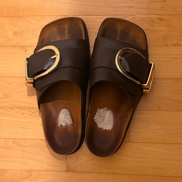 KHAITE Shoes - Khaite Brown Slide Sandals with Gold Buckle